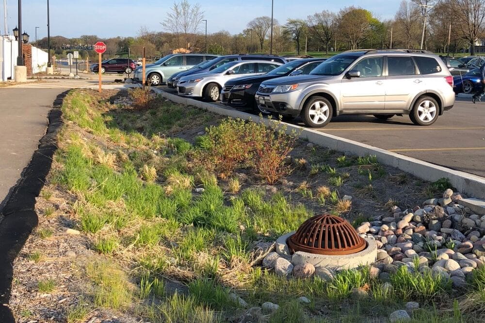 stormwater runoff trench in a parking lot