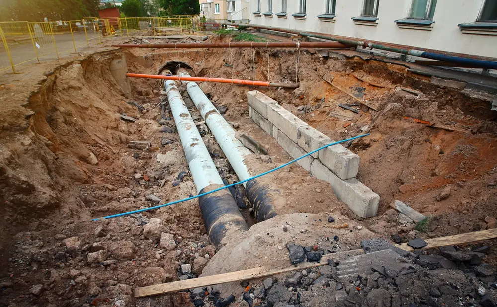 Trenchless Sewer Line Repair vs. Traditional Excavation: Which Method is Right for You? - AQUALIS Heating pipeline in trench, repair of city communications, replacement of old pipes. Replace water pipes, heating main repair and renovation. Hot and cold water pipe excavated by tractor.