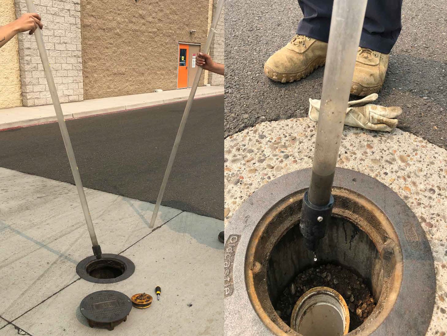 Proprietary device inspection utilizing Sludge Judge monitoring tool for sediment assessment on an Oldcastle isolator row.