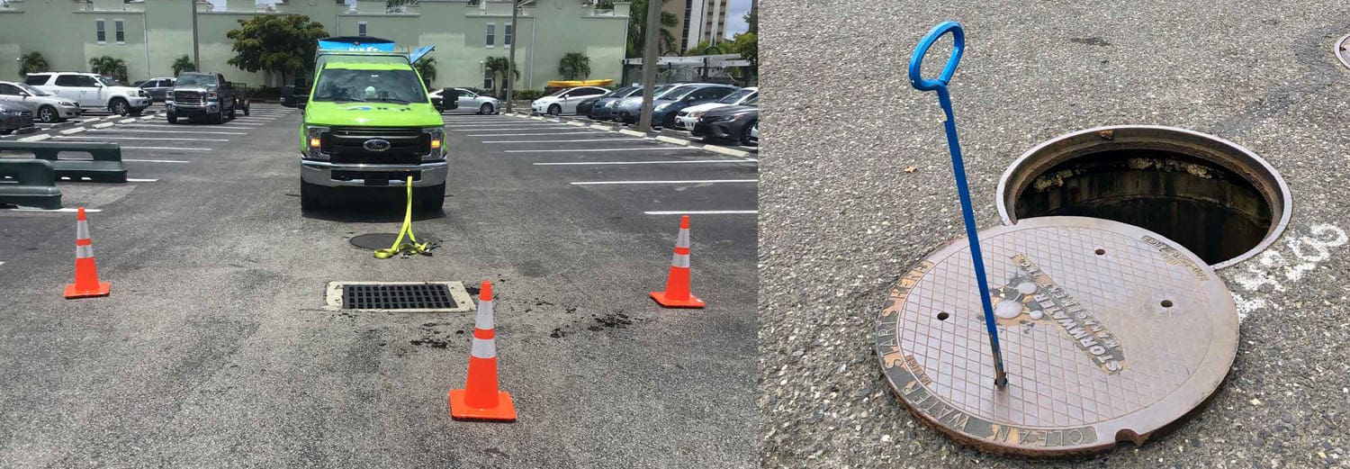 Removing manhole covers and inlet grates for access and observation of sumps.